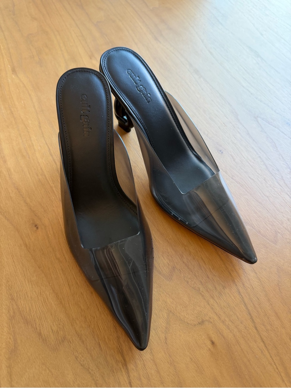 Cult Gaia Black Pointed Mule Heels with Chain Block Heel - Picture 2 of 8